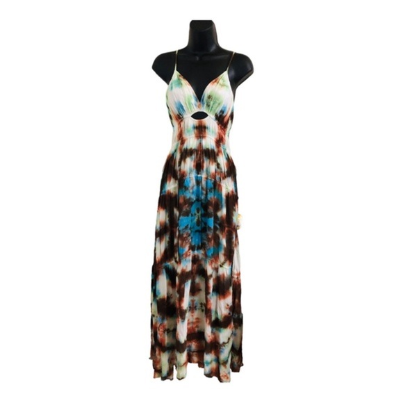 YFB Young fabulous & broke delphine chiffon blue brown tiedye cutout maxi dress - Picture 5 of 16